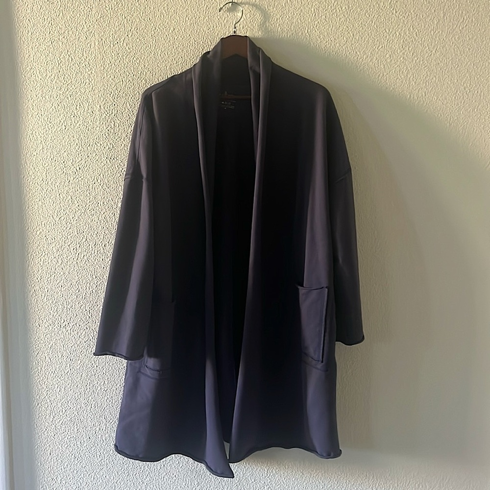 Neon Buddha Navy Blue Long Coat. 36 inches long, 96% cotton, 4% spandex